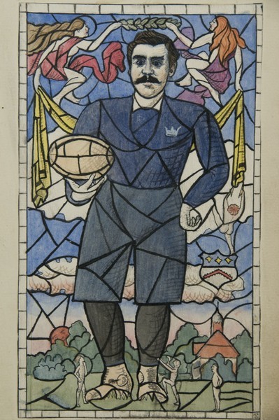Sporting heroes E.M. Baker, (eble 1893), Varsity rugby player, spoof stained glass window design from JCR cartoon album