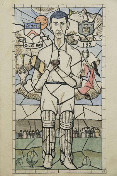 Sporting heroes: E.M. Baker, (eble 1893), Varsity rugby player, spoof stained glass window design from JCR cartoon album